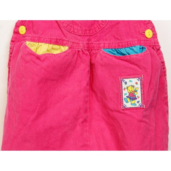 Vtg 90s Oshkosh Pink Colorblock Overalls girls 2T Dancing Bear Woven Flower USA - Picture 4 of 11